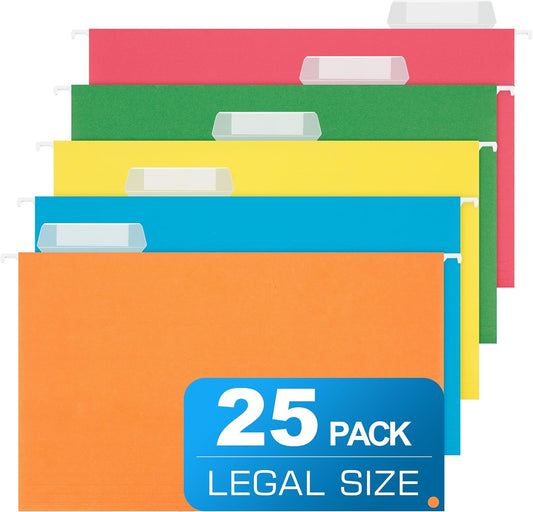 Legal Size Hanging File Folders,25 Packs Legal Hanging File Folders,Assorted Colors Legal Size Hanging Folders,9.2'' × 14.8'',Hanging Folders for Filing Cabinet,1/5 Adjustable Tabs for Office,School
