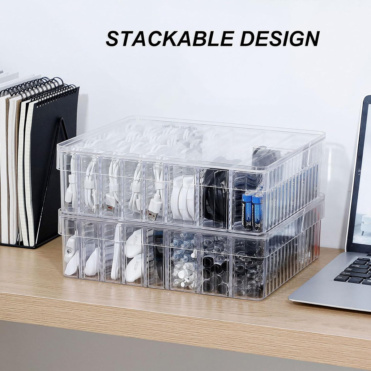 Large Cord Storage Box with Lid, Clear, Wire Ties Included