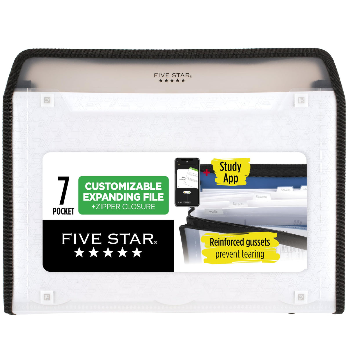 Five Star Expanding File Organizer + Study App, 7-Pocket Accordian File Organizer, Zipper Closure, Holds 8-1/2" x 11" Paper, Black (350099A-ECM)