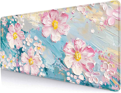 Large Mouse Pad Mousepad, Pink Flowers in a Blue Desk Mats for Desktop, Watercolor Beautiful Floral Laptop Computer Desk Pad, Non-Slip Rubber Base Desktop Mat, 31.5 x 11.8 inches