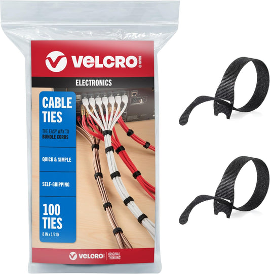 VELCRO Brand ONE-WRAP Cable Ties, 8in x 1/2in, Black, 100 Pack
