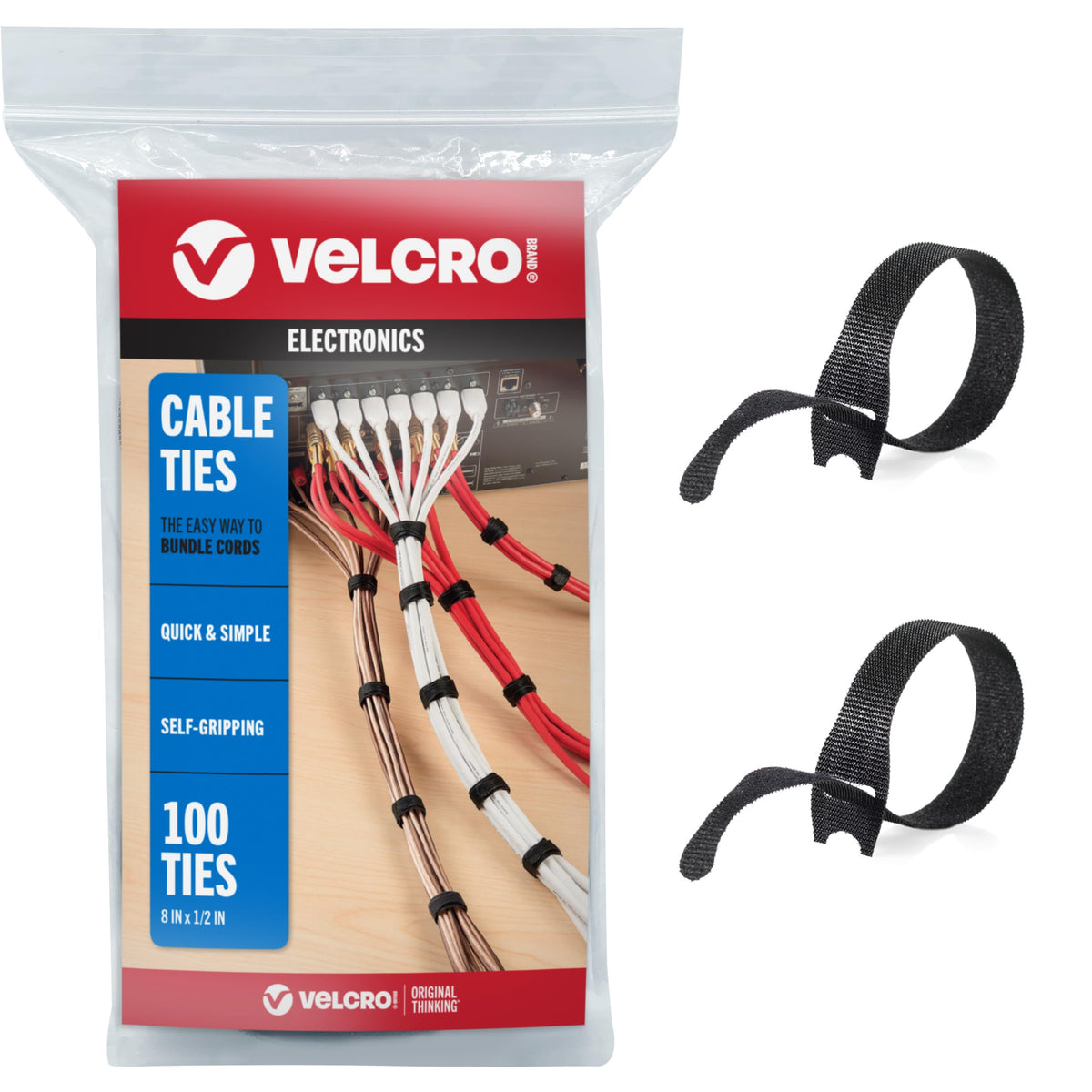 VELCRO Brand ONE-WRAP Cable Ties, 8in x 1/2in, Black, 100 Pack