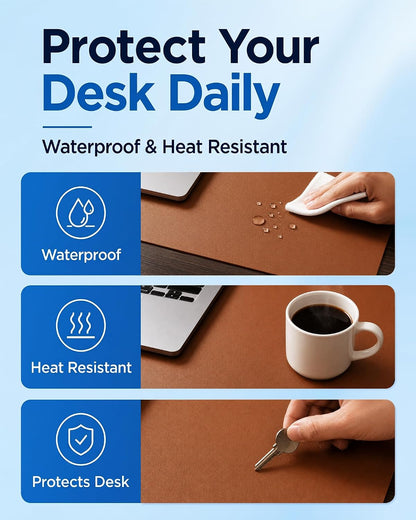 Aothia Double-Sided Desk Pad, 35.4" x 15.7"Leather Desk Mat, Eco Cork Desk Pad Protector,Large Mouse Pad,Waterproof Desk Blotter for Office/Home(Brown)