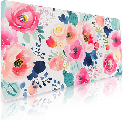 Bloss Pink Floral Desk Mat Cute, Leather Desk Pad, 31.5 x 15.7 Inch
